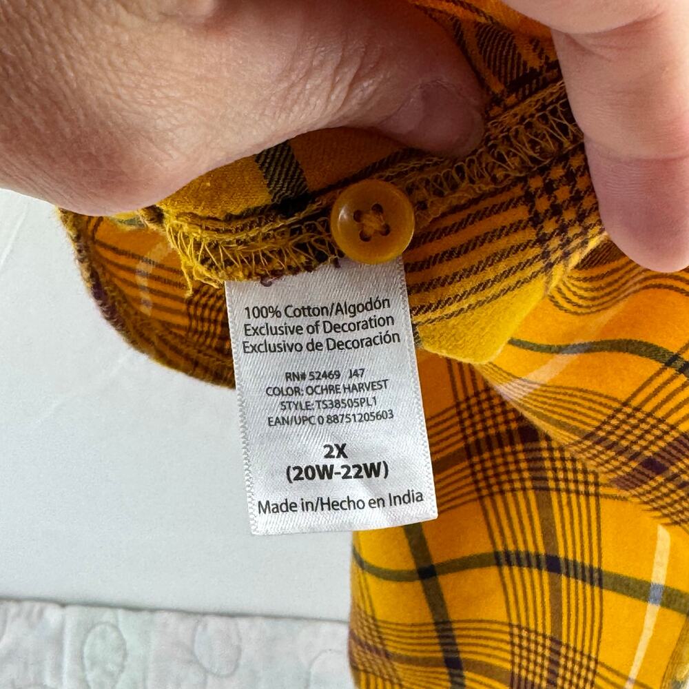Terra & Sky women’s 2X high low button down plaid embroidered yellow top - Picture 10 of 11